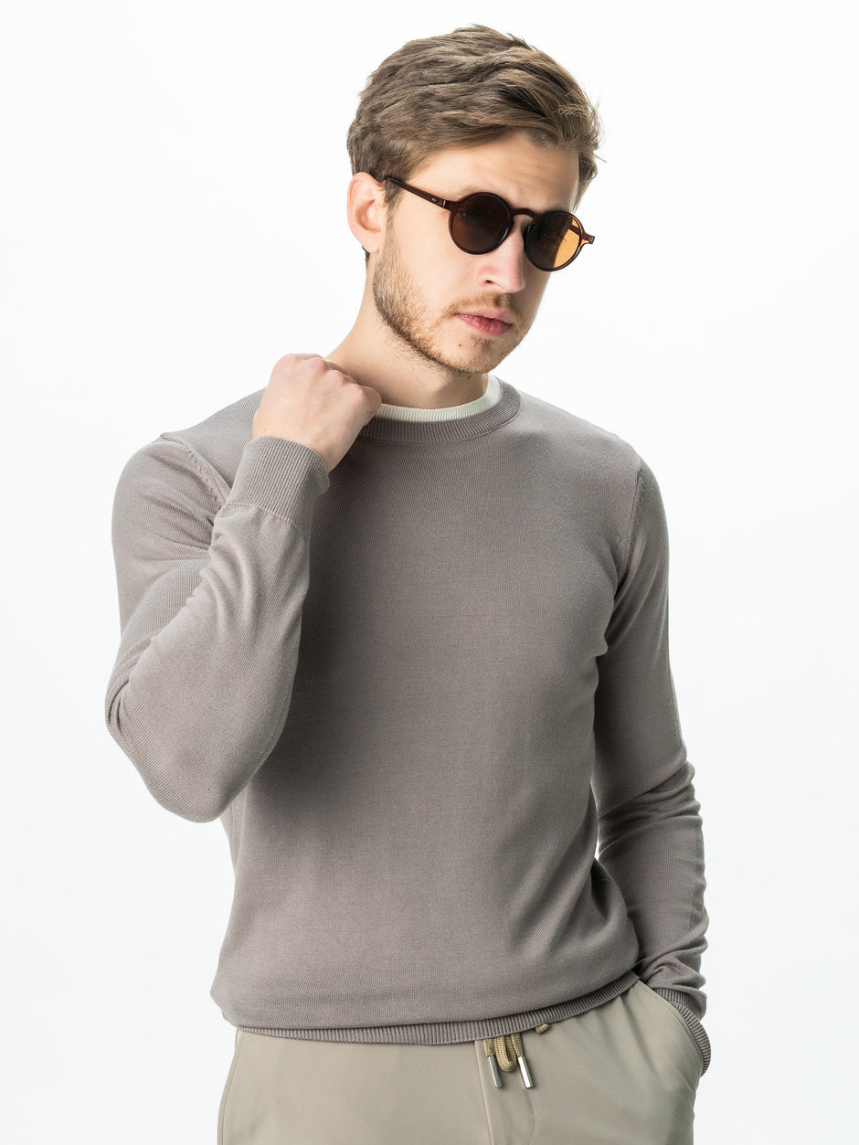 Pulover Barbati Casual Din Bumbac Bej Guler Circular Dublat BMan0011 (2)