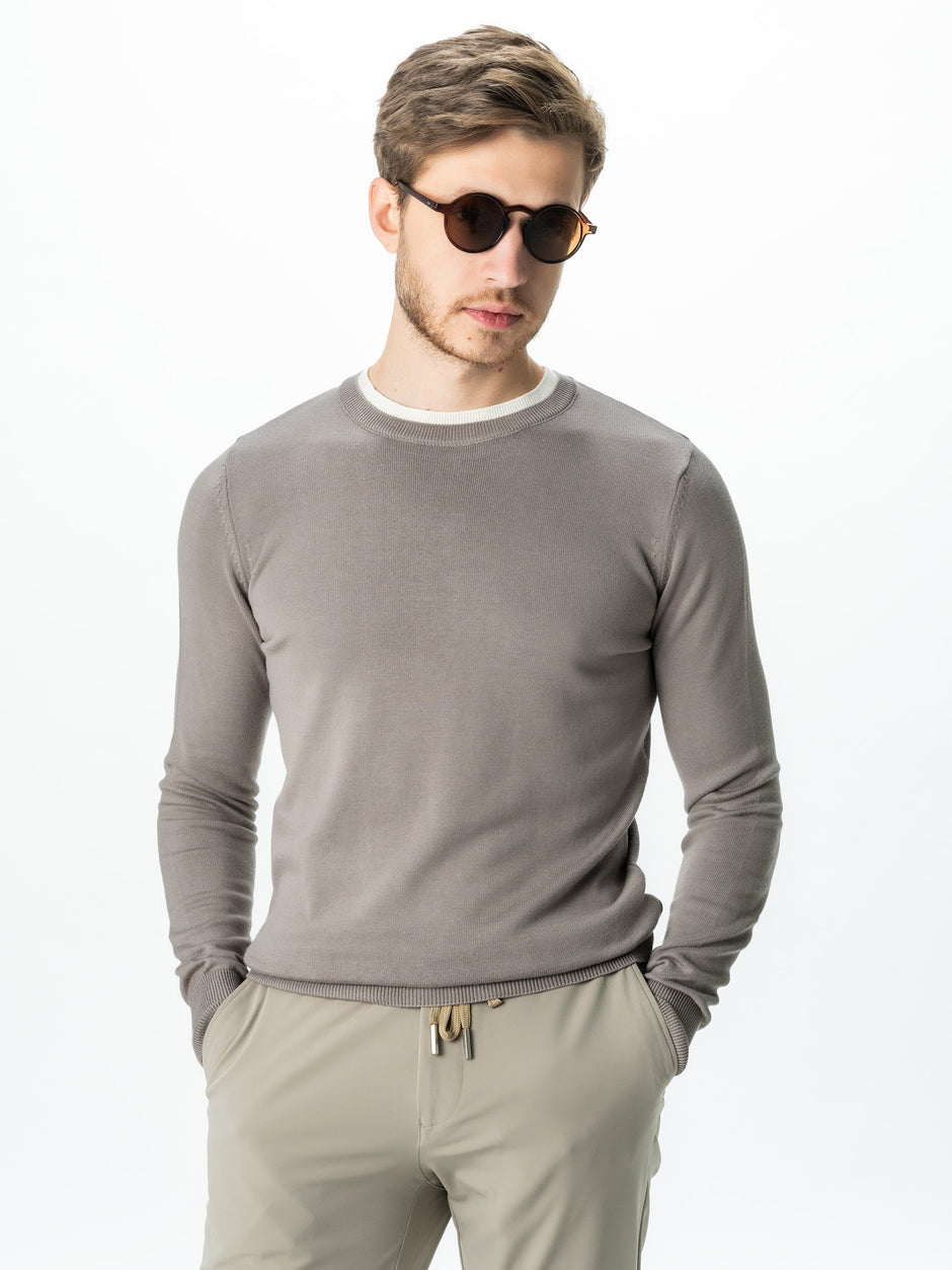 Pulover Barbati Casual Din Bumbac Bej Guler Circular Dublat BMan0011 (1)