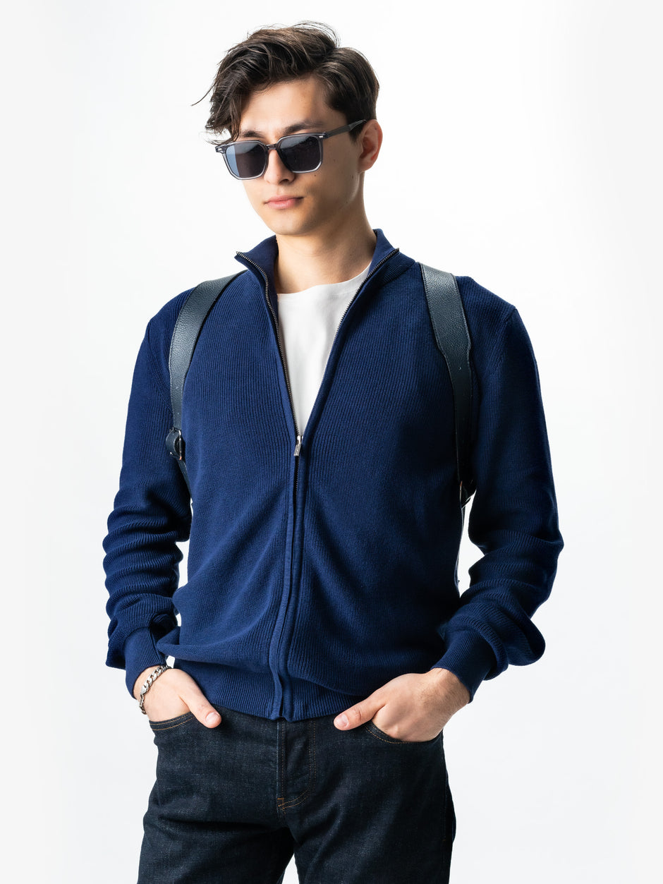 Pulover Cu Fermoar Lung Tip Cardigan Barbati Albastru Bumbac Texturat BMan0004 (3)