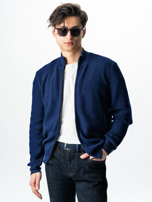 Pulover Cu Fermoar Lung Tip Cardigan Barbati Albastru Bumbac Texturat BMan0004