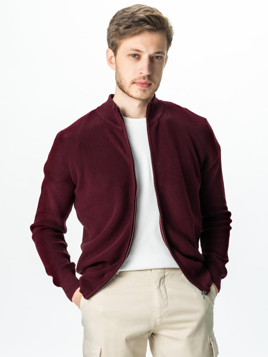 Pulover Cu Fermoar Lung Tip Cardigan Barbati Bordo Bumbac Texturat BMan0004 (2)