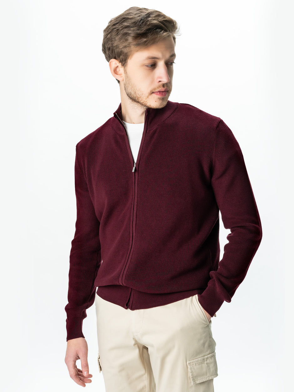 Pulover Cu Fermoar Lung Tip Cardigan Barbati Bordo Bumbac Texturat BMan0004 (5)