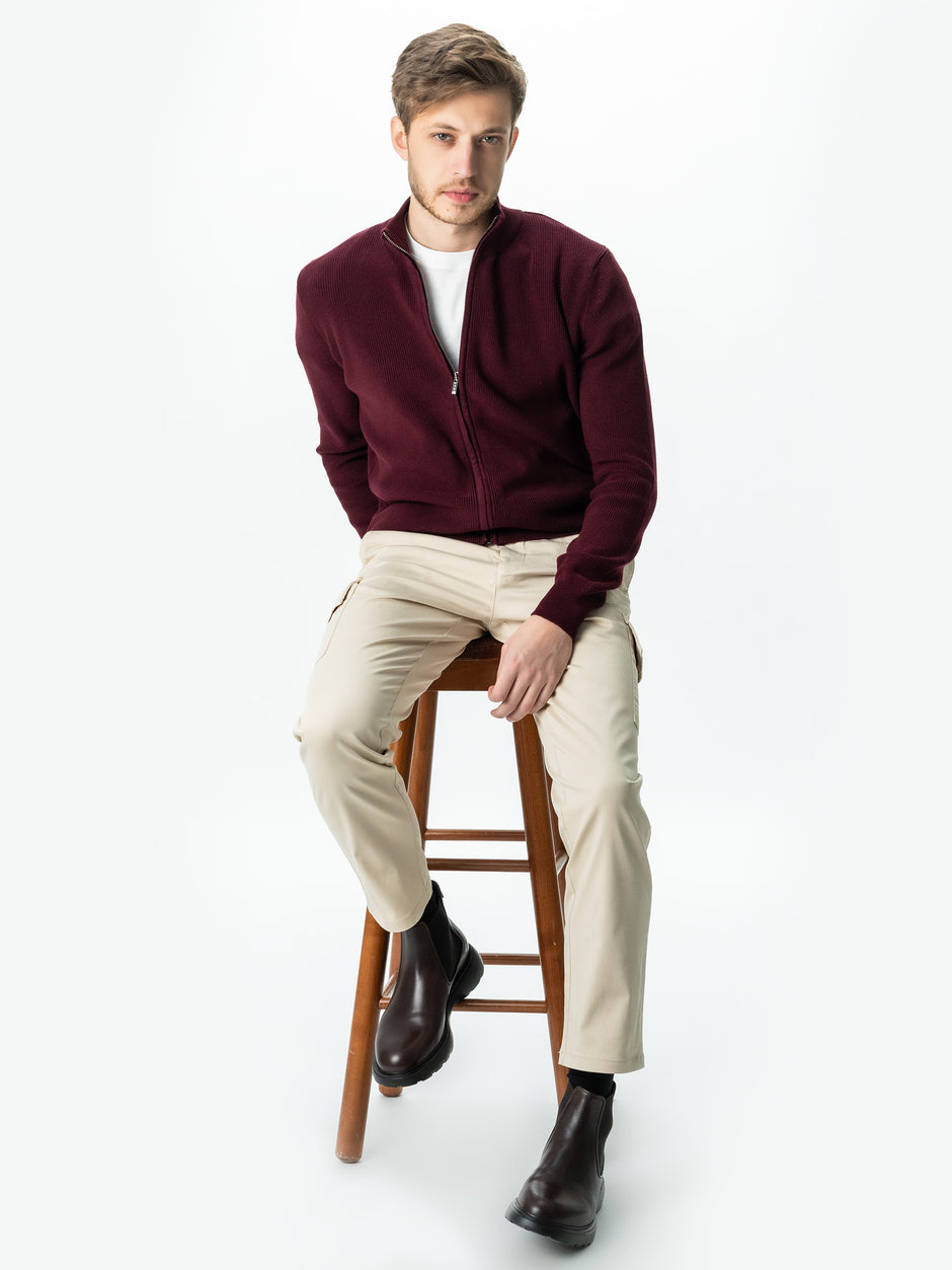 Pulover Cu Fermoar Lung Tip Cardigan Barbati Bordo Bumbac Texturat BMan0004 (7)