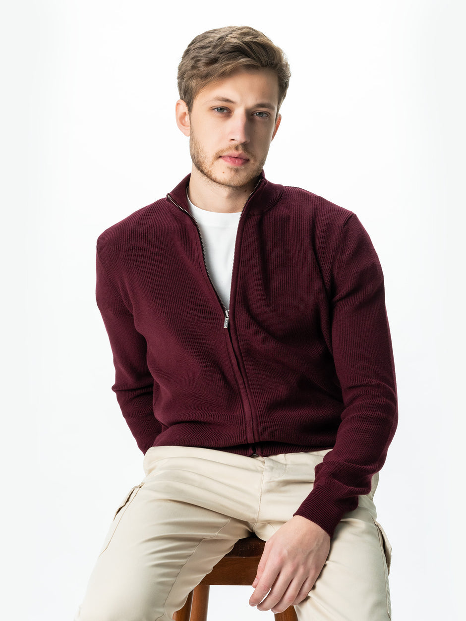 Pulover Cu Fermoar Lung Tip Cardigan Barbati Bordo Bumbac Texturat BMan0004 (1)