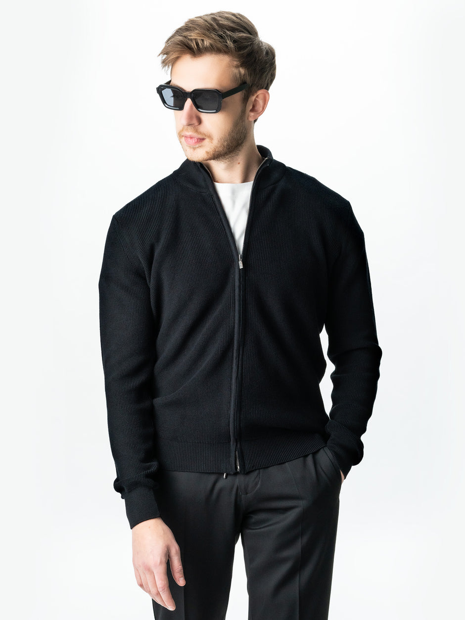 Pulover Casual Cu Fermoar Tip Cardigan Barbati Negru 100% Bumbac Galbiatti Cotton Texturat  BMan0004 (1)