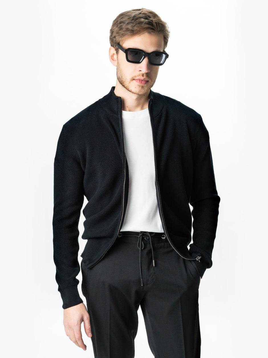 Pulover Casual Cu Fermoar Tip Cardigan Barbati Negru 100% Bumbac Galbiatti Cotton Texturat  BMan0004 (3)