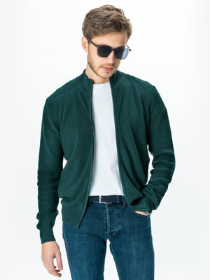 Pulover Casual Cu Fermoar Tip Cardigan Barbati Verde 100% Bumbac Galbiatti Cotton Texturat  BMan0004