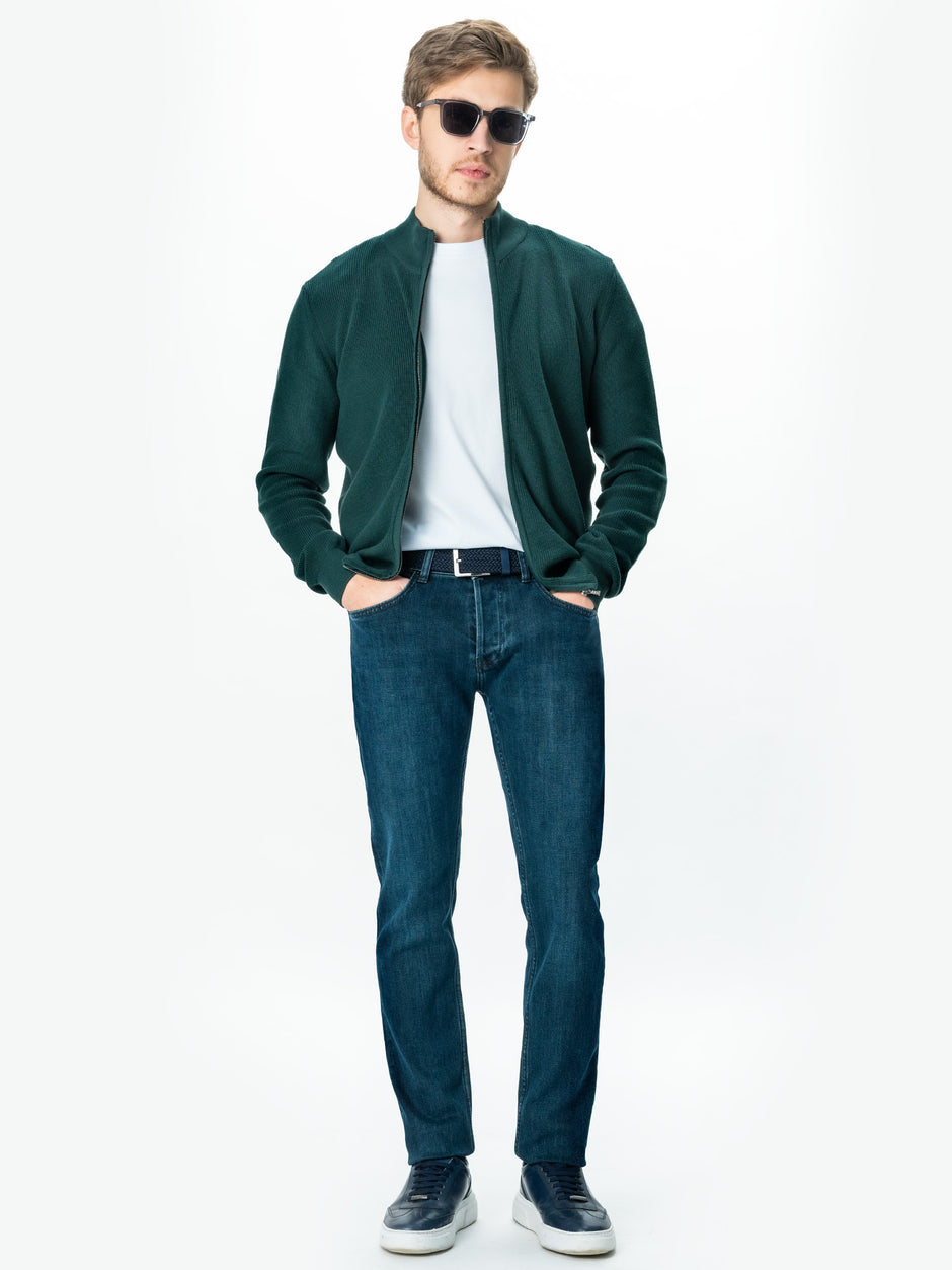 Pulover Cu Fermoar Lung Tip Cardigan Barbati Verde Bumbac Texturat BMan0004 (6)