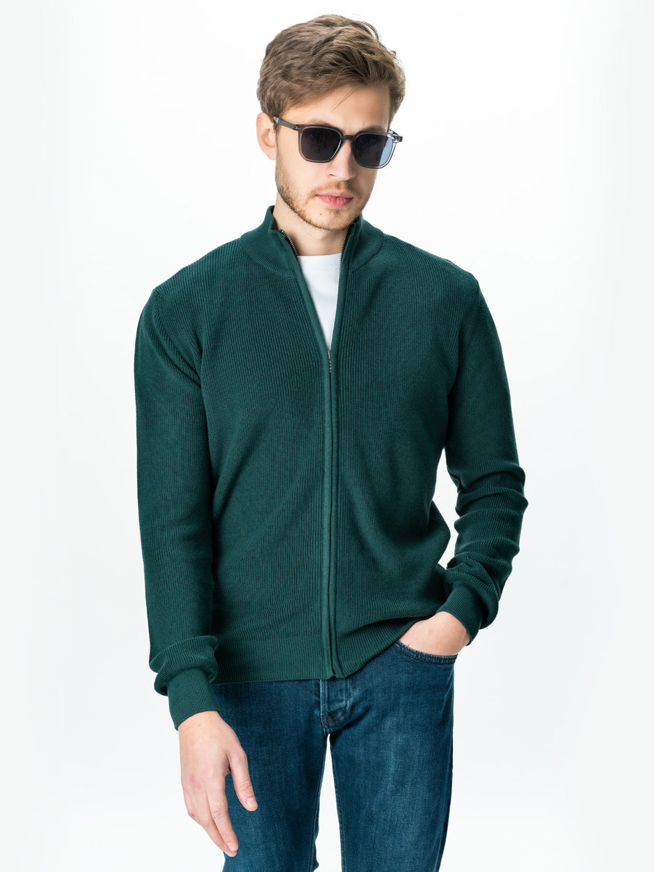 Pulover Cu Fermoar Lung Tip Cardigan Barbati Verde Bumbac Texturat BMan0004 (7)