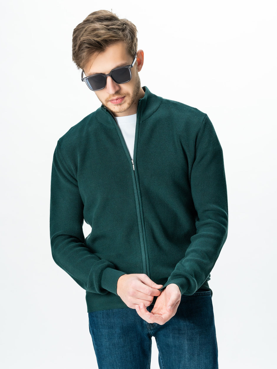 Pulover Cu Fermoar Lung Tip Cardigan Barbati Verde Bumbac Texturat BMan0004 (3)