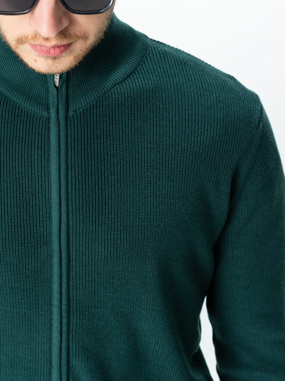 Pulover Cu Fermoar Lung Tip Cardigan Barbati Verde Bumbac Texturat BMan0004 (5)