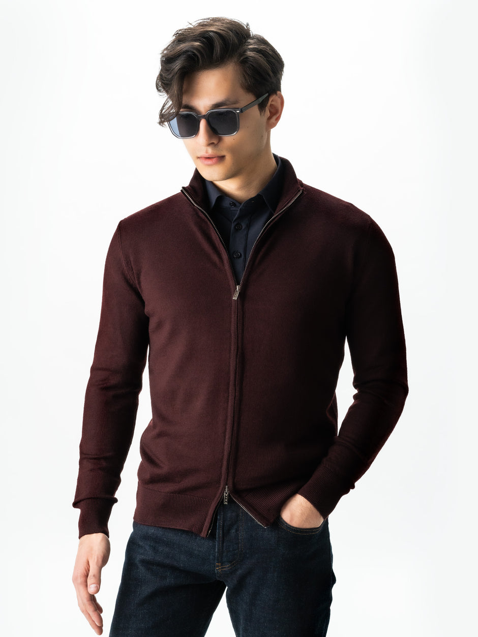 Pulover Cu Fermoar Lung Barbati Bordo Visiniu Lana Merinos Falco BMan0005 (1)