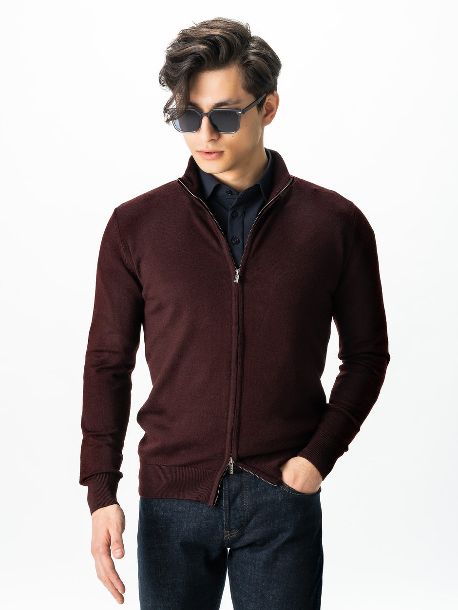 Pulover Cu Fermoar Lung Barbati Bordo Visiniu Lana Merinos Falco BMan0005 (5)