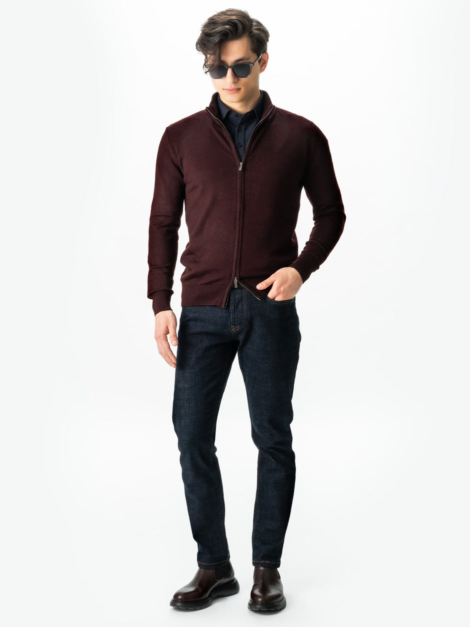 Pulover Cu Fermoar Lung Barbati Bordo Visiniu Lana Merinos Falco BMan0005 (3)