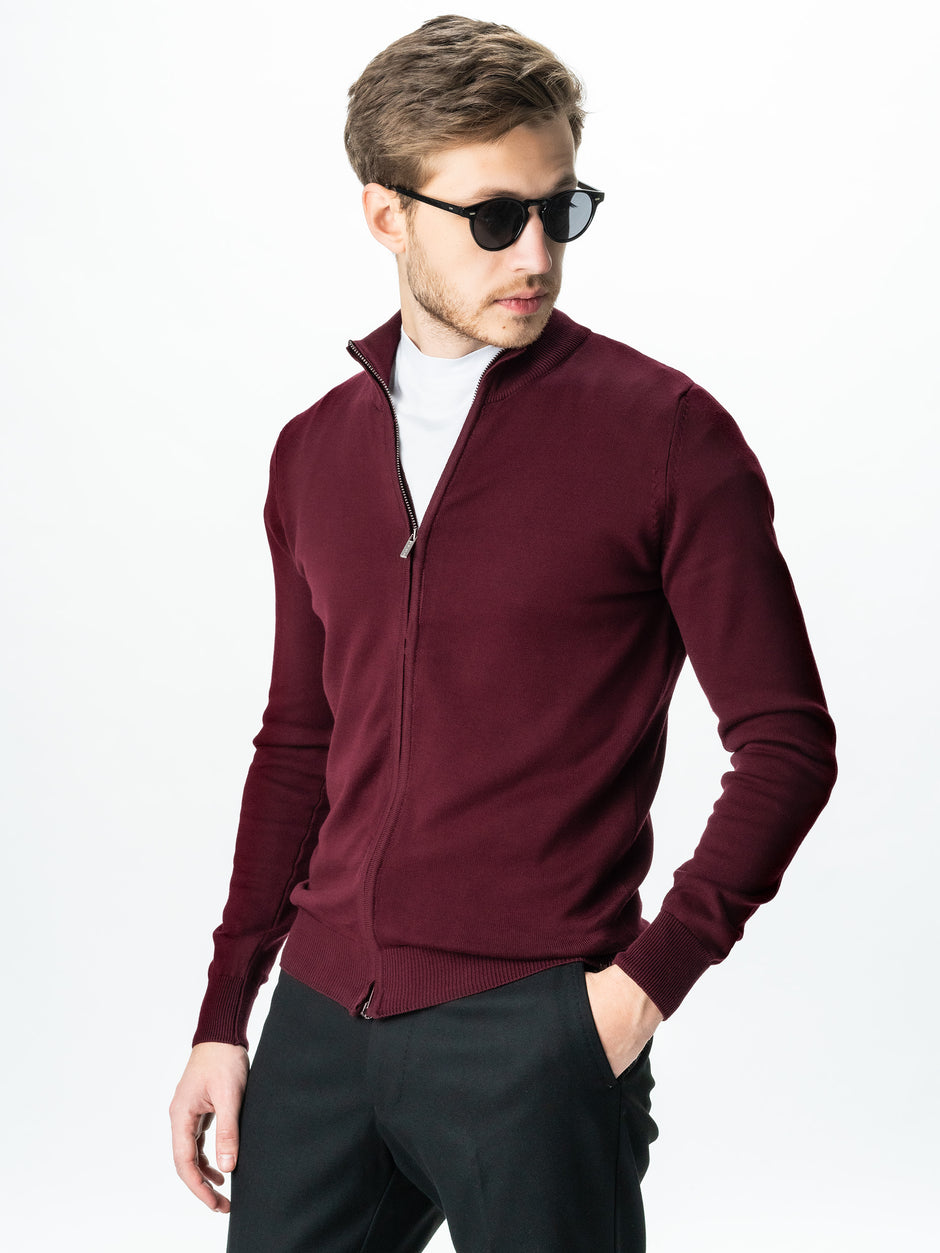 Pulover Rosu Cu Fermoar Tip Cardigan Office Barbati 100% Bumbac Levent Cottone Toamna&Iarna BMan0006 (5)