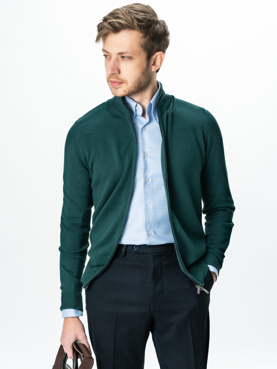 Pulover Cu Fermoar Tip Cardigan Office Barbati Verde Inchis 100% Bumbac Levent Cottone Toamna&Iarna BMan0006 (3)