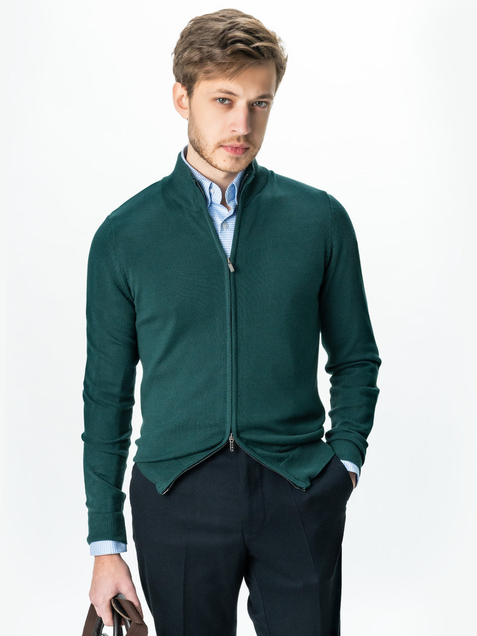 Pulover Cu Fermoar Tip Cardigan Office Barbati Verde Inchis 100% Bumbac Levent Cottone Toamna&Iarna BMan0006 (1)