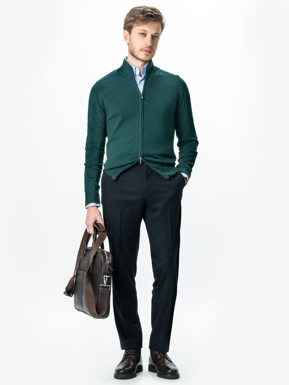 Pulover Cu Fermoar Tip Cardigan Office Barbati Verde Inchis 100% Bumbac Levent Cottone Toamna&Iarna BMan0006 (5)