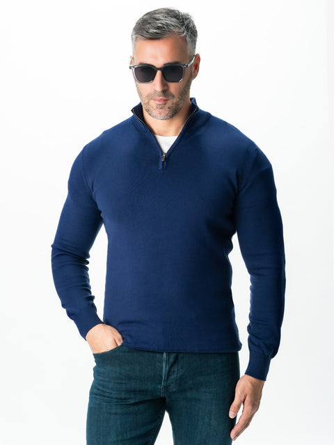 Pulover Cu Fermoar Office & Smart Casual Barbati Albastru 100% Bumbac Levent Cottone Toamna&Iarna BMan0001 (1)