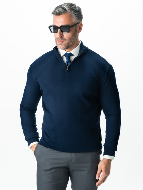 Pulover Cu Fermoar Office Barbati Bleumarin Din Lana Merinos Soft Falco Sezon Toamna&Iarna BMan0003 (3)
