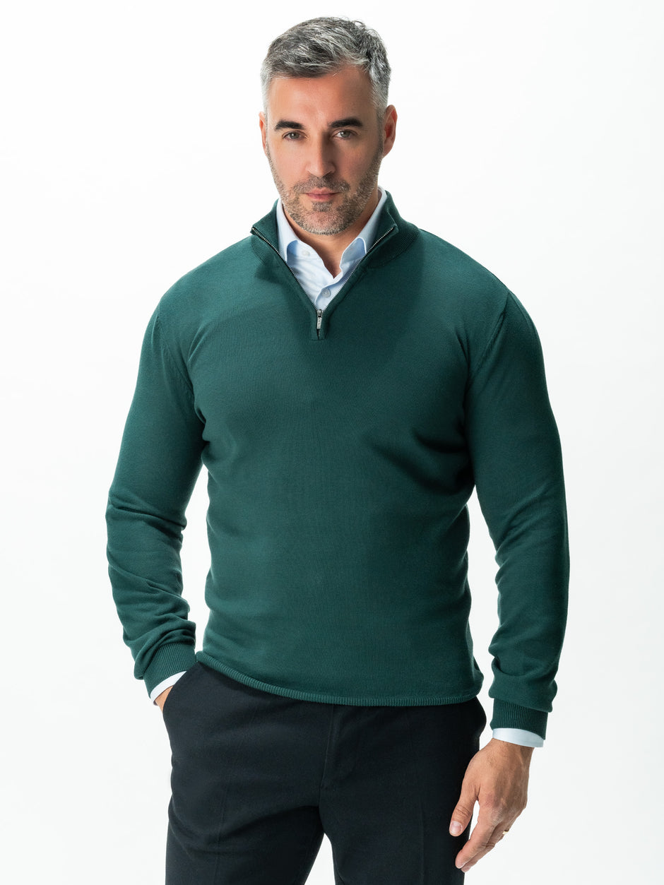 Pulover Cu Fermoar Office & Smart Casual Barbati Verde Brad 100% Bumbac Levent Cottone Toamna&Iarna BMan0001 (1)