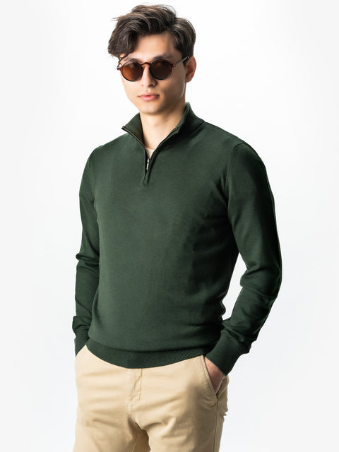 Pulover Cu Fermoar Office Barbati Verde Kaki Din Lana Merinos Soft Falco Sezon Toamna&Iarna BMan0003 (3)