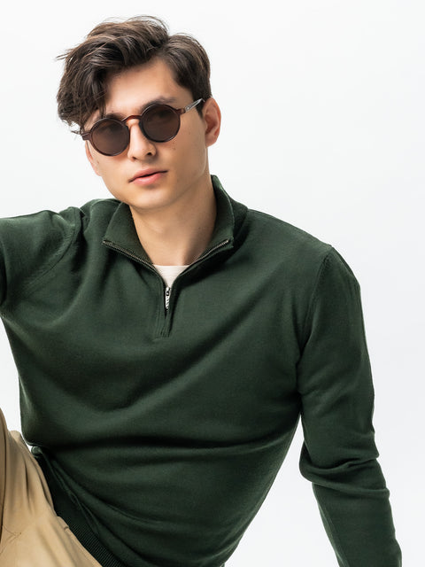 Pulover Cu Fermoar Office Barbati Verde Kaki Din Lana Merinos Soft Falco Sezon Toamna&Iarna BMan0003