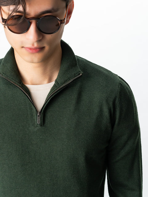 Pulover Cu Fermoar Office Barbati Verde Kaki Din Lana Merinos Soft Falco Sezon Toamna&Iarna BMan0003 (2)