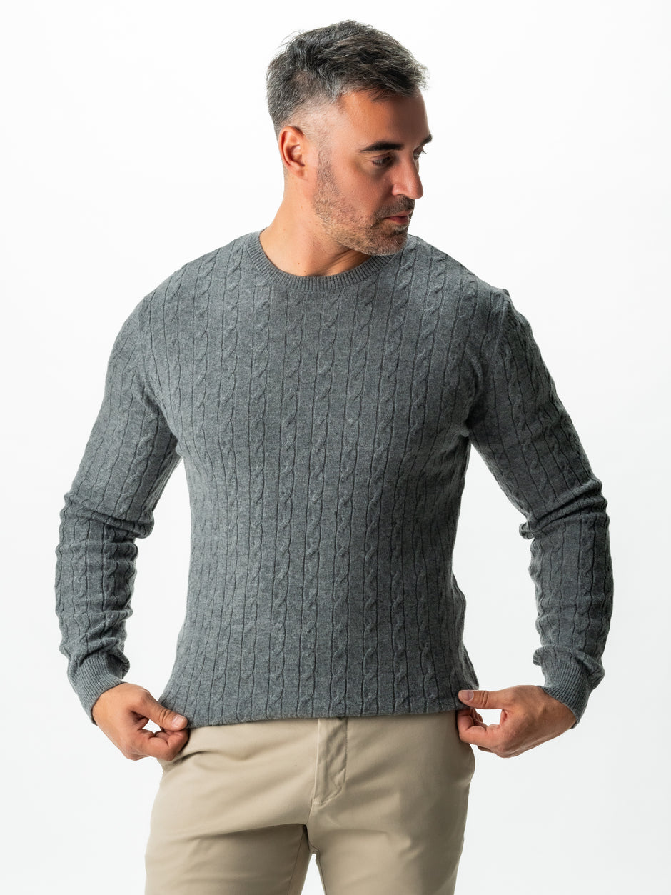 Pulover Gri Antracit Barbati Toamna & Iarna Din 100% Merinos Lana Rosa Imprimeu Torsada BMan0010 (8)