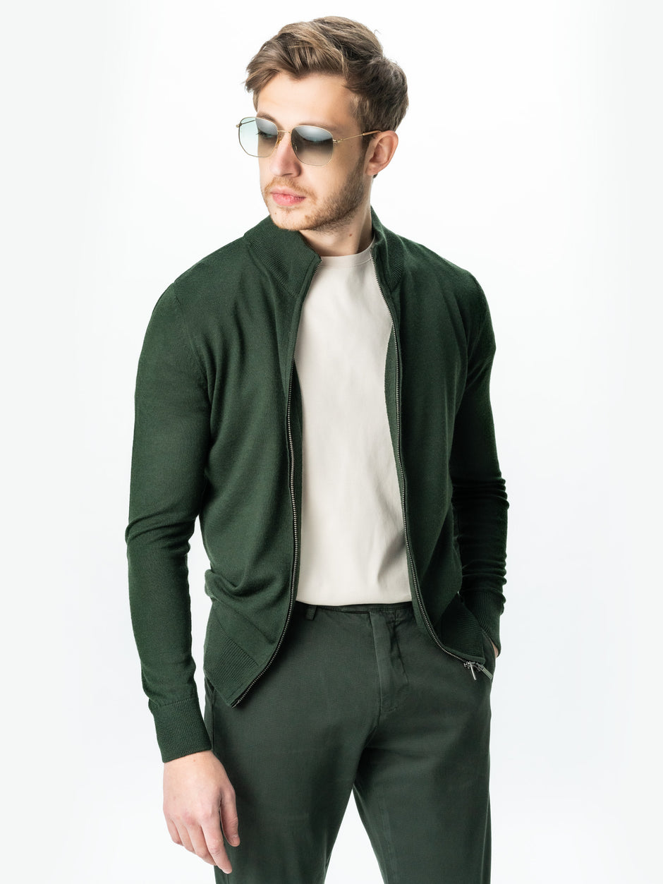 Pulover Office Cu Fermoar Barbati Verde Inchis Lana Merinos Falco BMan0005 (2)
