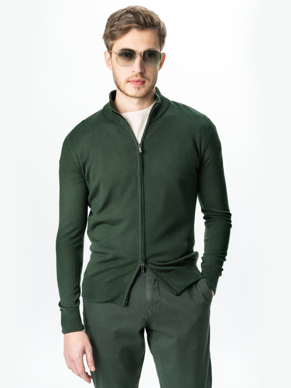 Pulover Office Cu Fermoar Barbati Verde Inchis Lana Merinos Falco BMan0005 (5)
