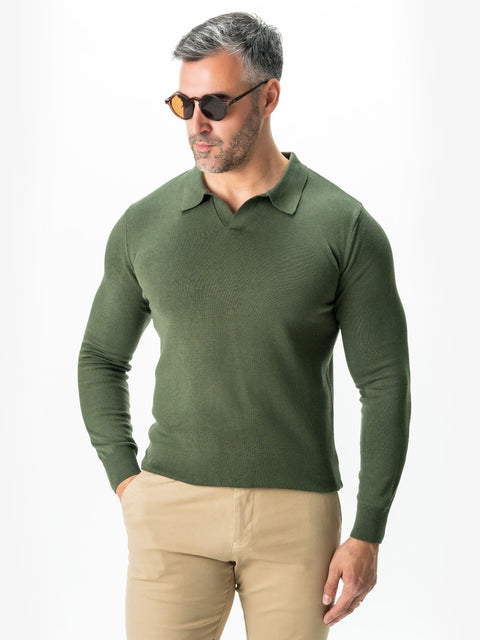 Pulover Barbati Office Verde Kaki Guler Polo Fara Nasturi Bumbac Soft 100% Natural Galbiatti Cotton Toamna&Iarna  BMan0013 (1)