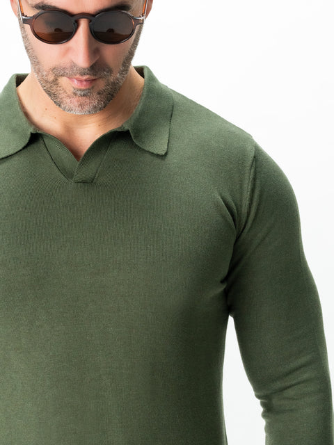 Pulover Barbati Office Verde Kaki Guler Polo Fara Nasturi Bumbac Soft 100% Natural Galbiatti Cotton Toamna&Iarna  BMan0013 (7)