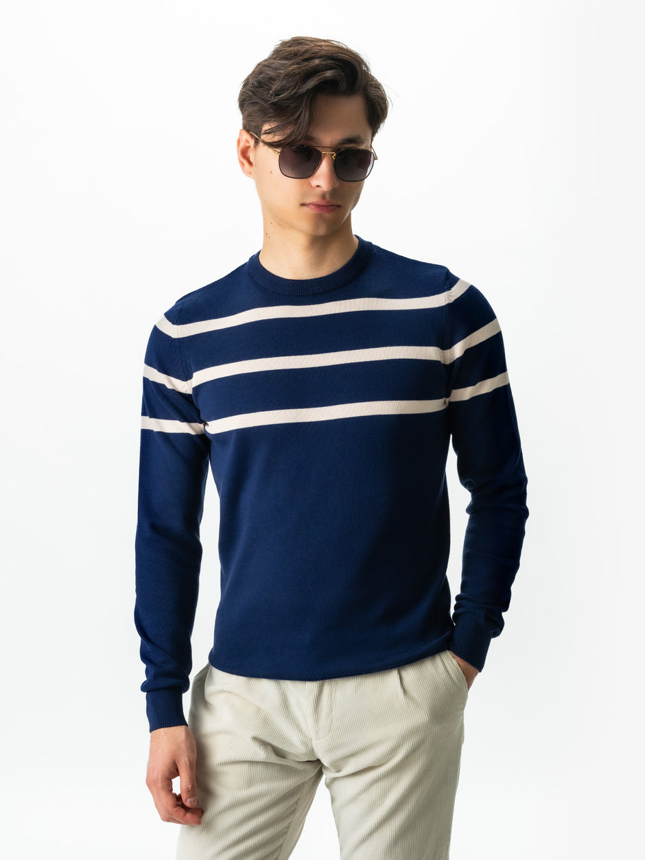 Pulover Casual Barbati Albastru In Dungi Crem Bumbac Levent Cottone BMan0012 (3)