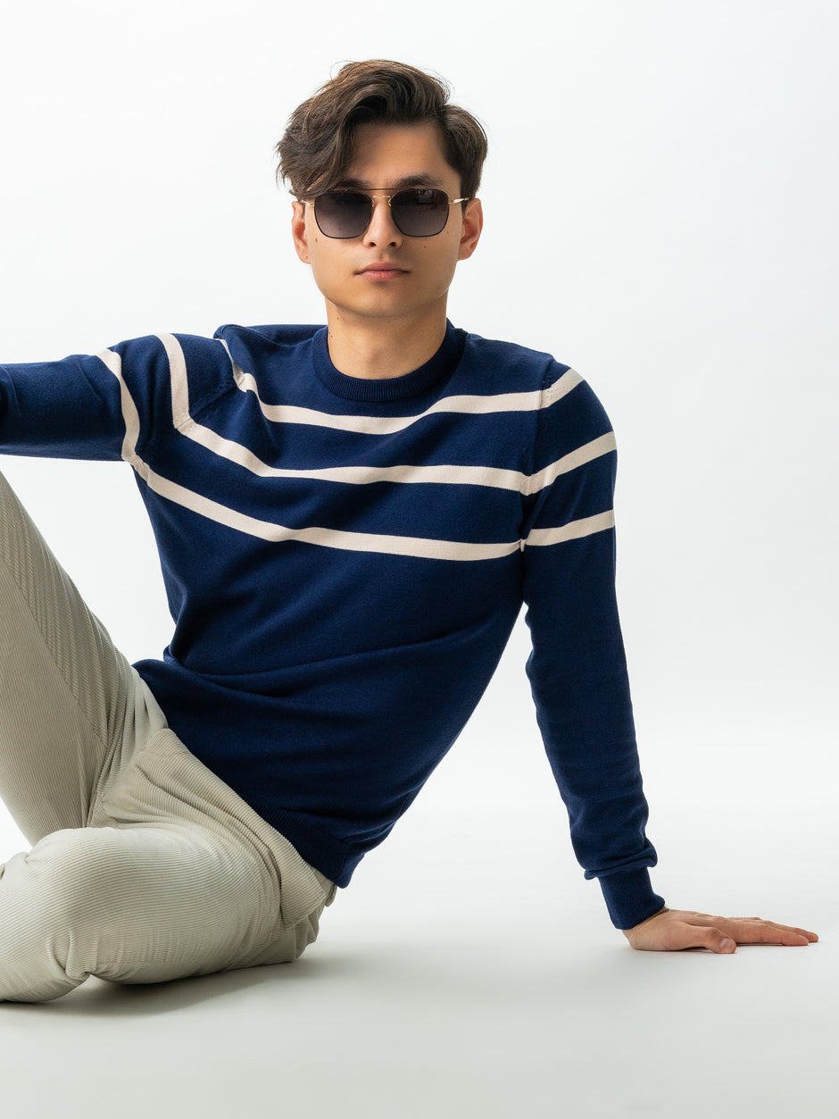 Pulover Casual Barbati Albastru In Dungi Crem Bumbac Levent Cottone BMan0012 (1)