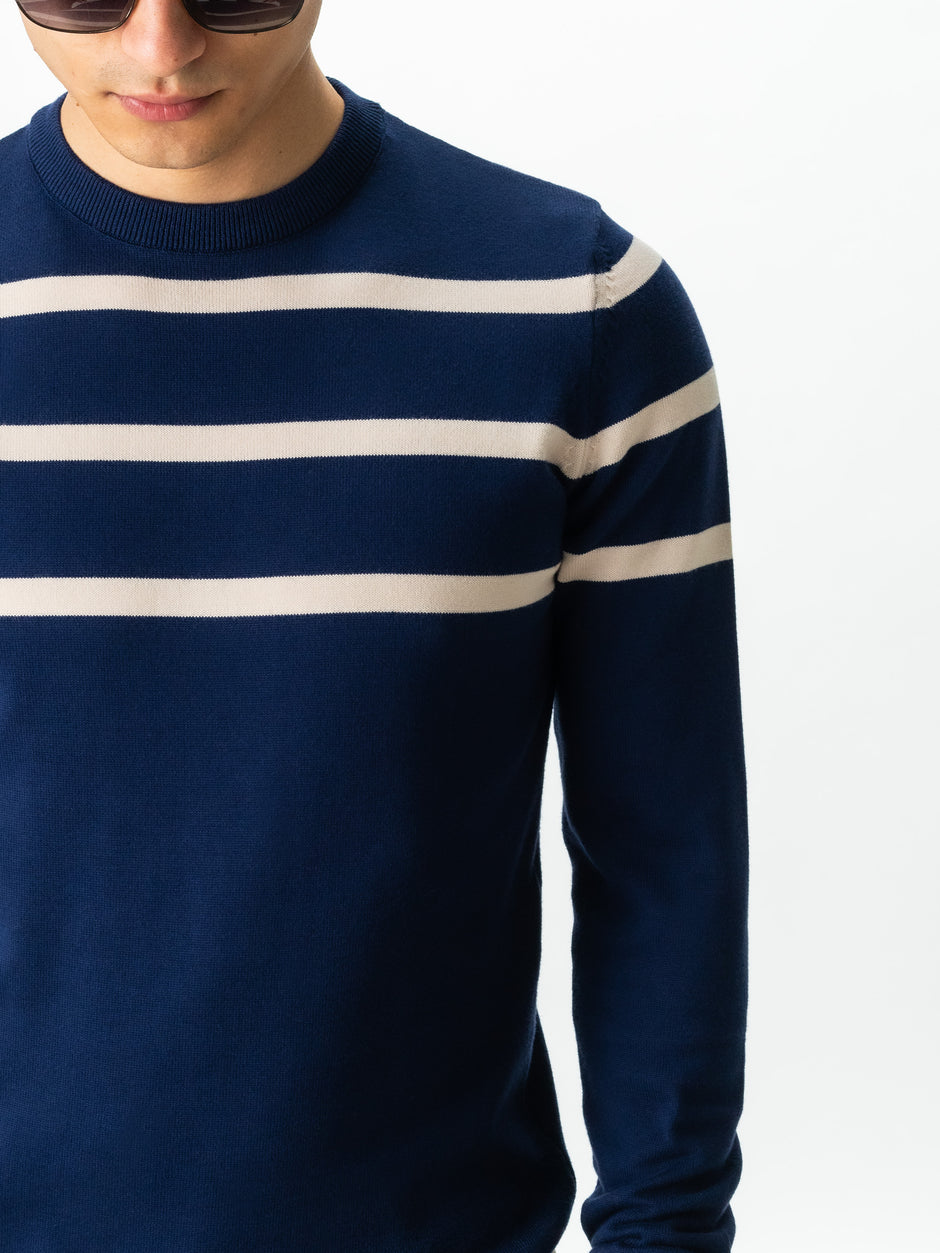 Pulover Casual Barbati Albastru In Dungi Crem Bumbac Levent Cottone BMan0012 (7)