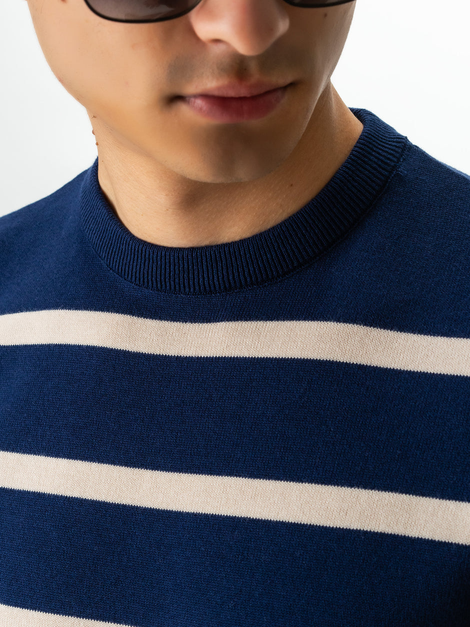 Pulover Casual Barbati Albastru In Dungi Crem Bumbac Levent Cottone BMan0012 (2)