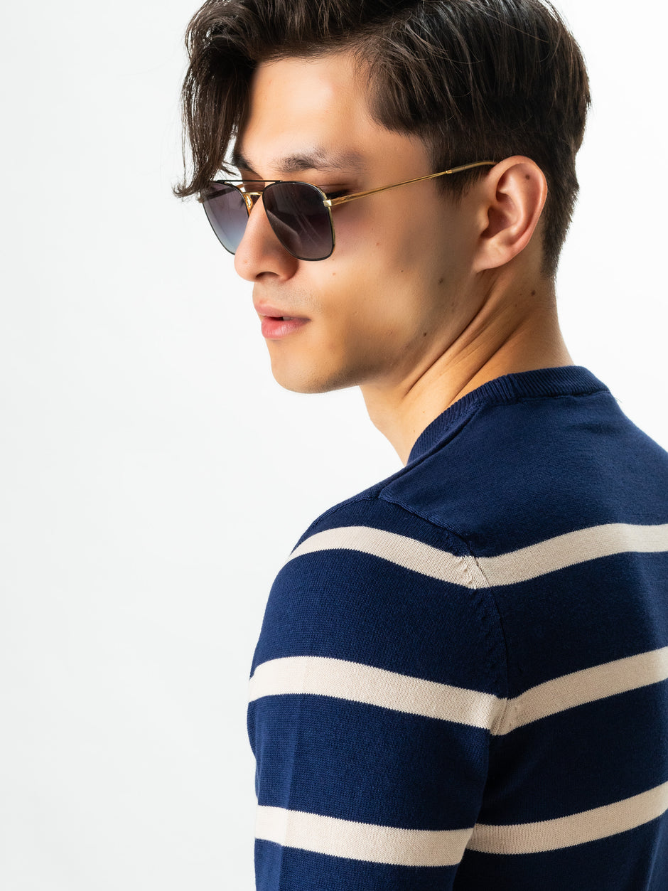 Pulover Casual Barbati Albastru In Dungi Crem Bumbac Levent Cottone BMan0012 (4)