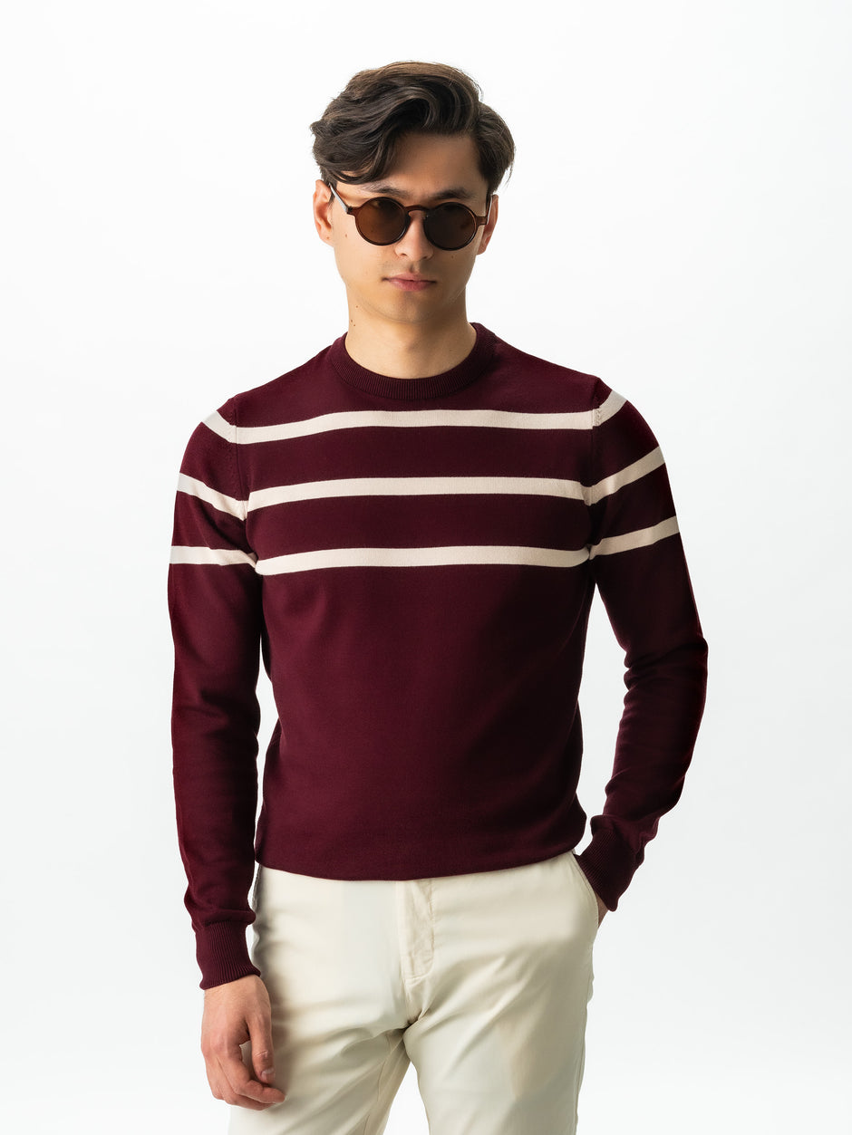 Pulover Casual Barbati Rosu In Dungi Crem Bumbac Levent Cottone BMan0012 (7)