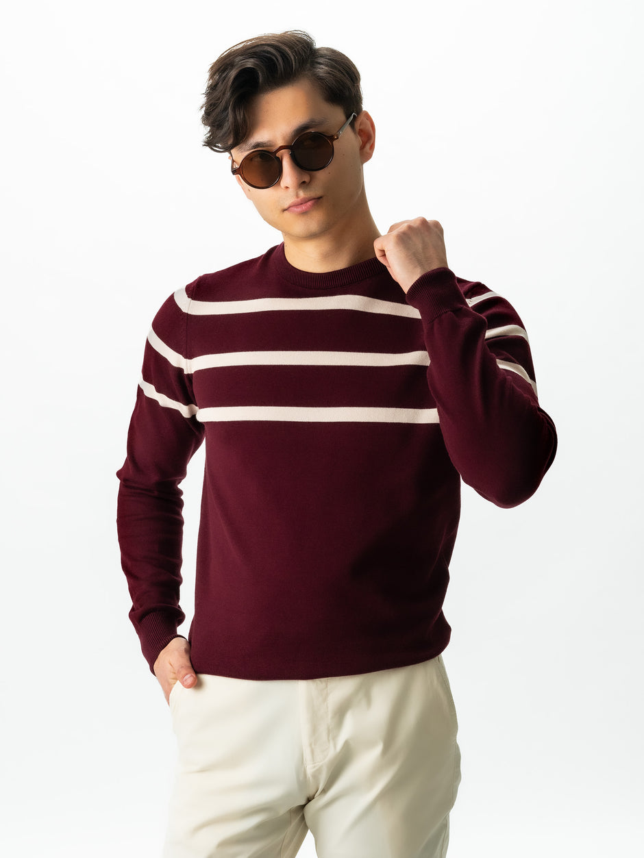 Pulover Casual Barbati Rosu In Dungi Crem Bumbac Levent Cottone BMan0012 (3)