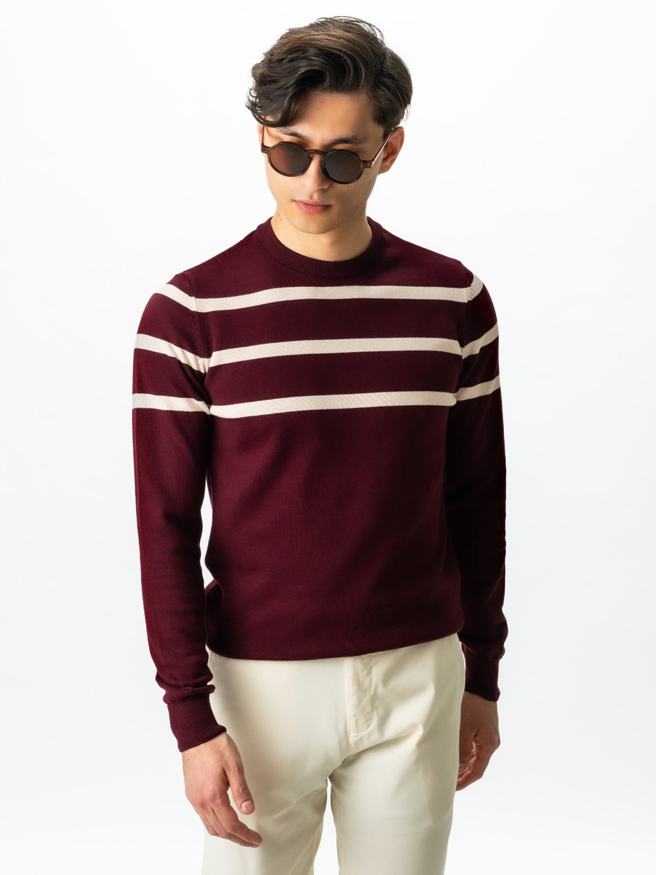 Pulover Casual Barbati Rosu In Dungi Crem Bumbac Levent Cottone BMan0012 (1)