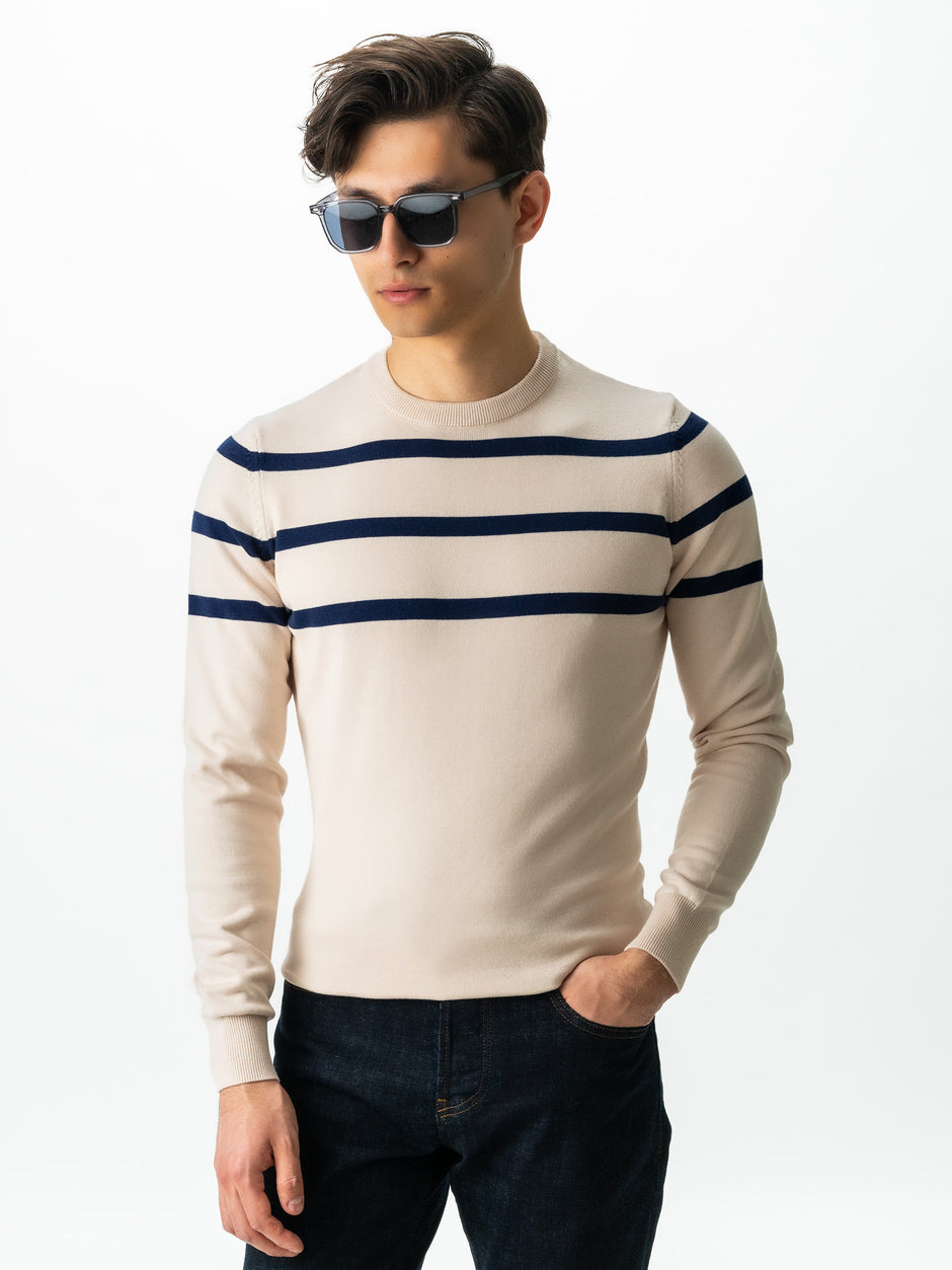 Pulover Casual Barbati Crem In Dungi Bleumarin Bumbac Levent Cottone BMan0012 (1)