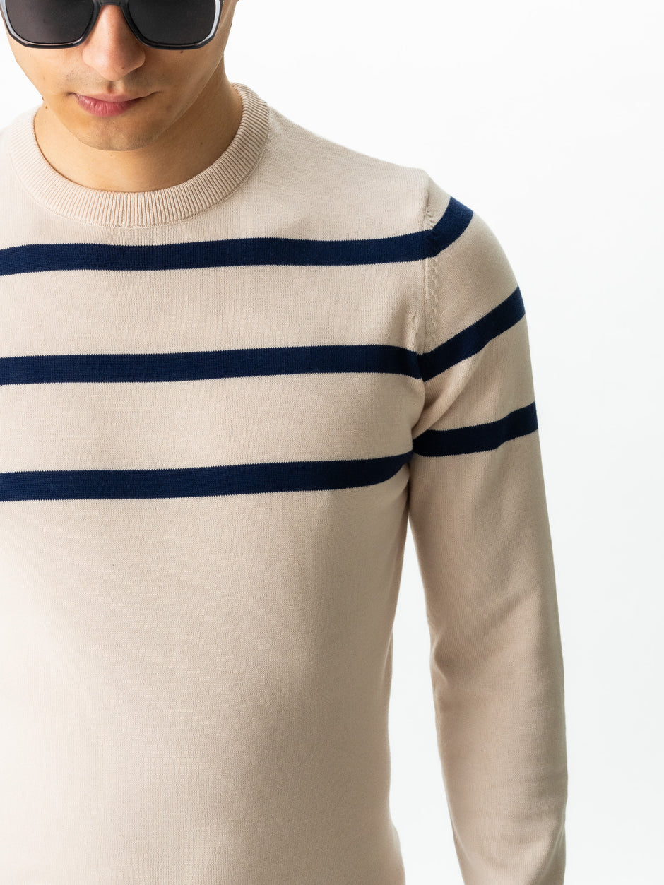 Pulover Casual Barbati Crem In Dungi Bleumarin Bumbac Levent Cottone BMan0012 (8)