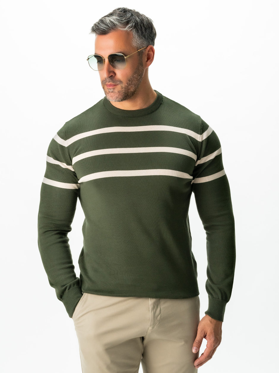 Pulover Casual Barbati Verde In Dungi Crem Bumbac Levent Cottone BMan0012 (3)