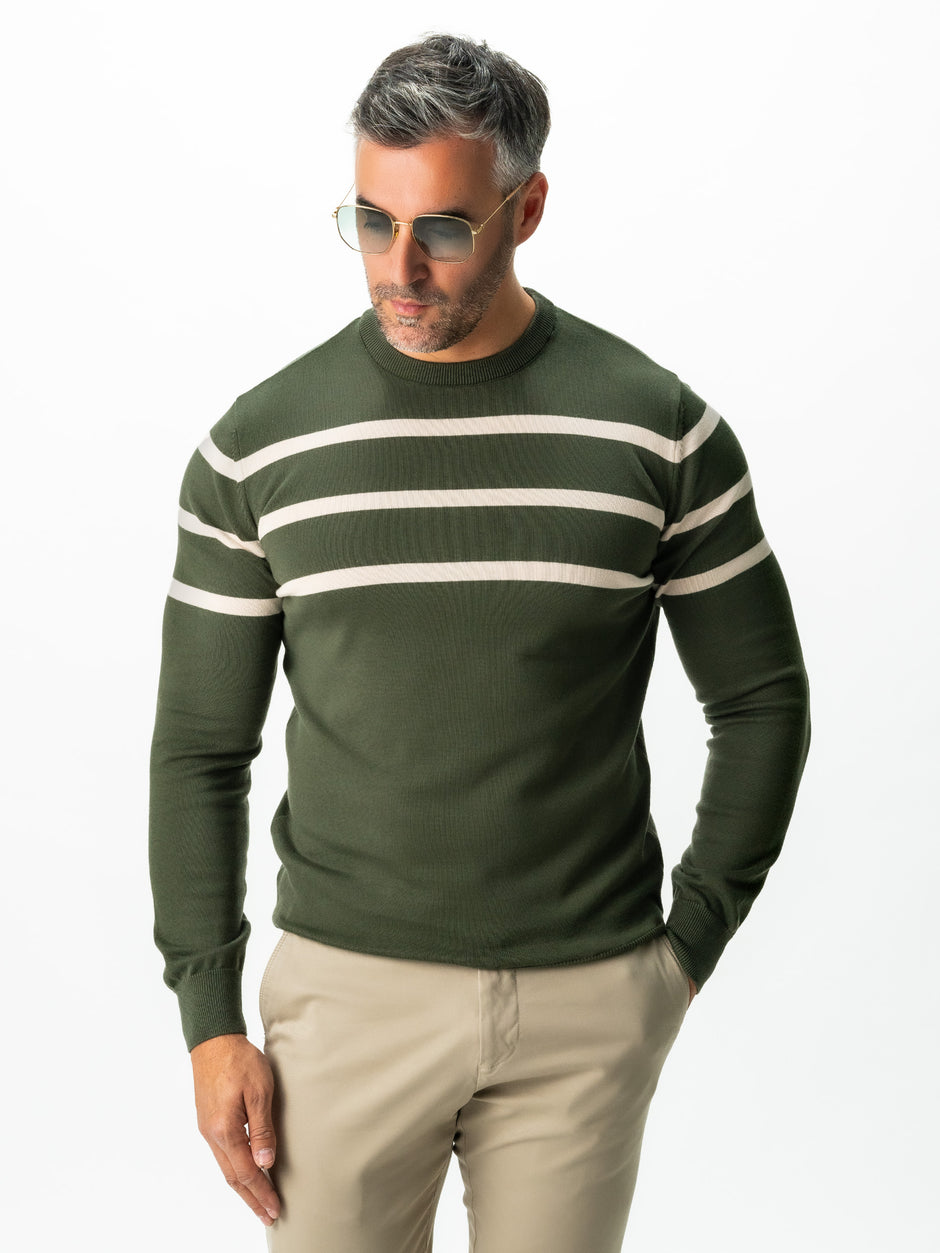 Pulover Casual Barbati Verde In Dungi Crem Bumbac Levent Cottone BMan0012 (1)