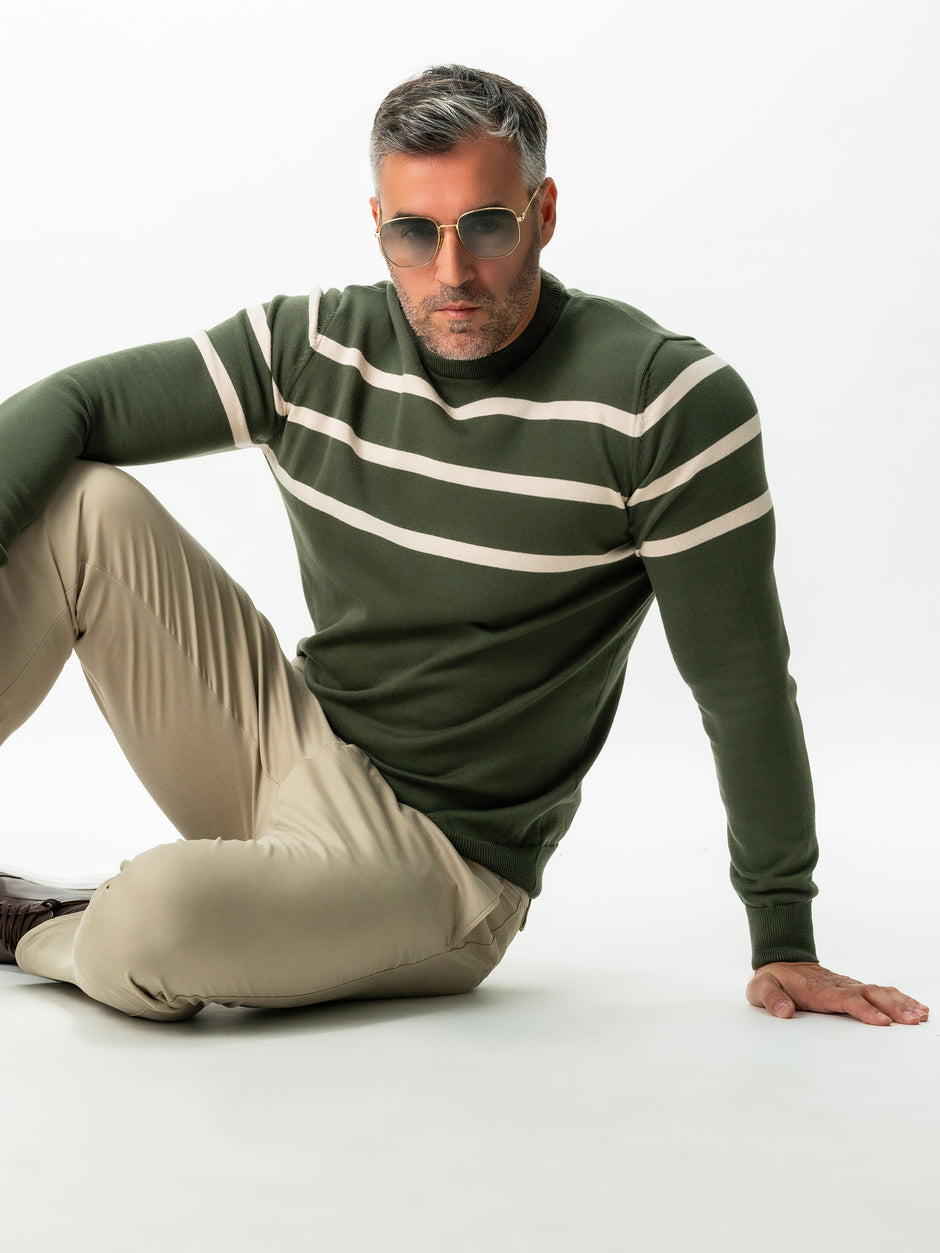 Pulover Casual Barbati Verde In Dungi Crem Bumbac Levent Cottone BMan0012 (8)
