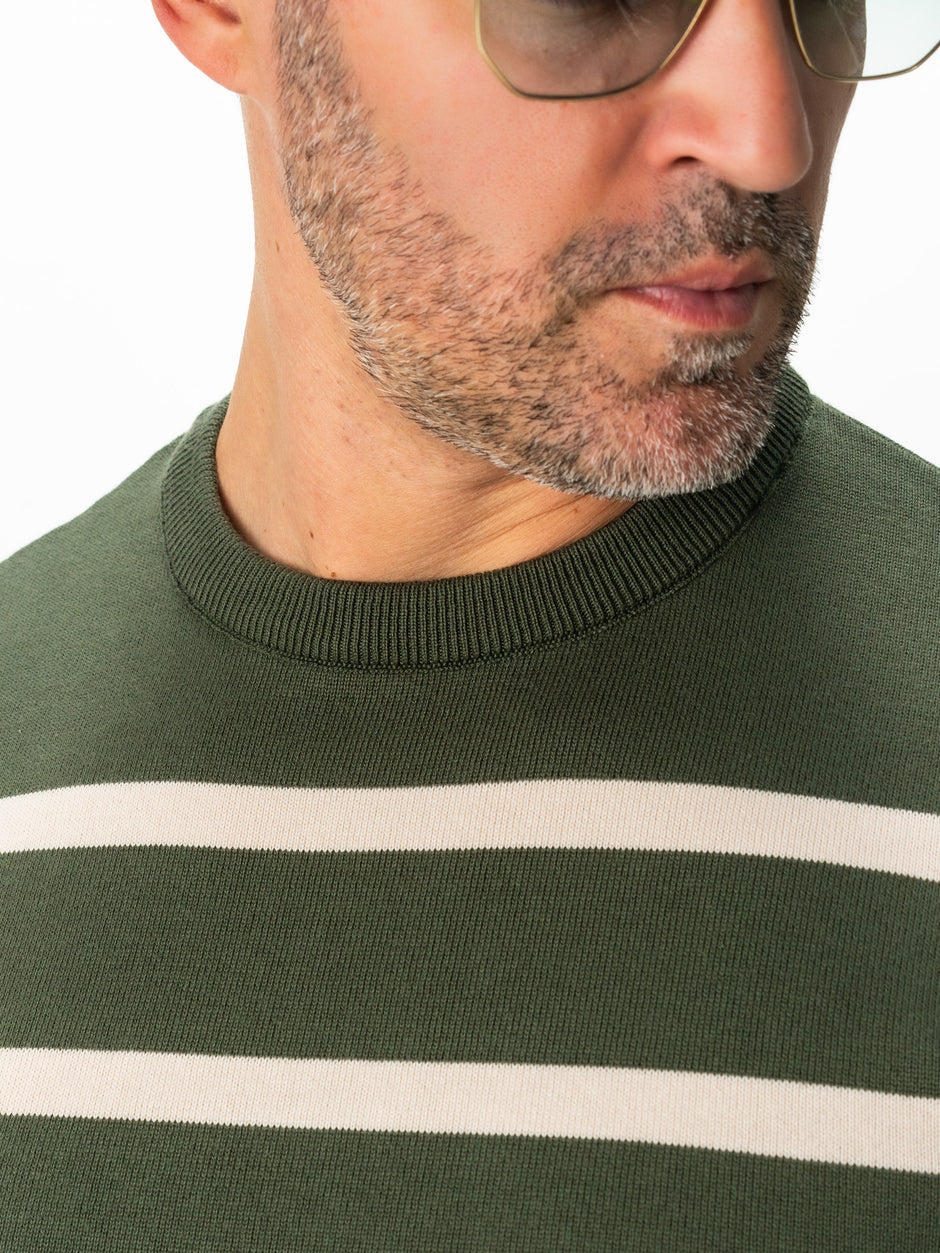 Pulover Casual Barbati Verde In Dungi Crem Bumbac Levent Cottone BMan0012 (2)