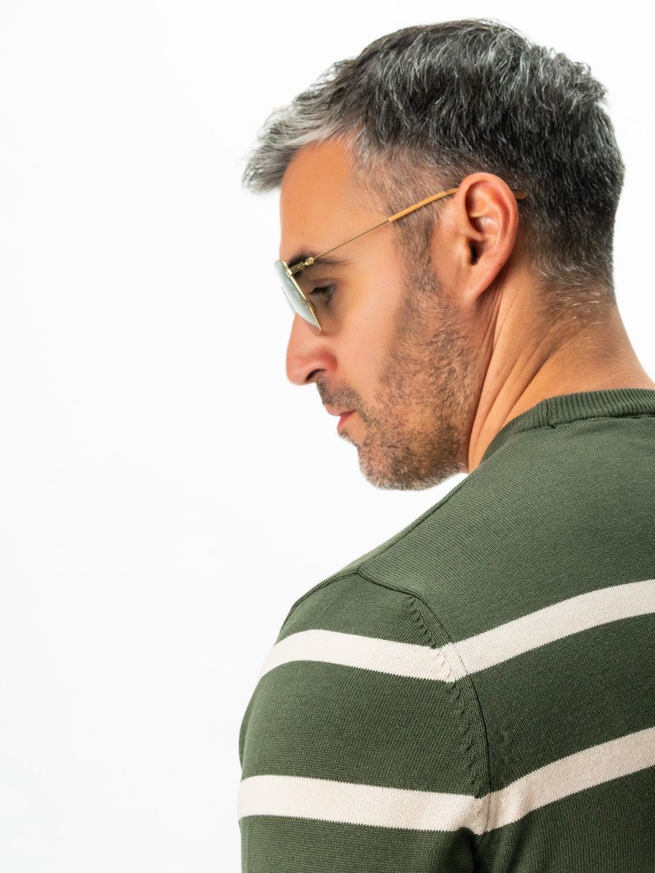 Pulover Casual Barbati Verde In Dungi Crem Bumbac Levent Cottone BMan0012 (4)