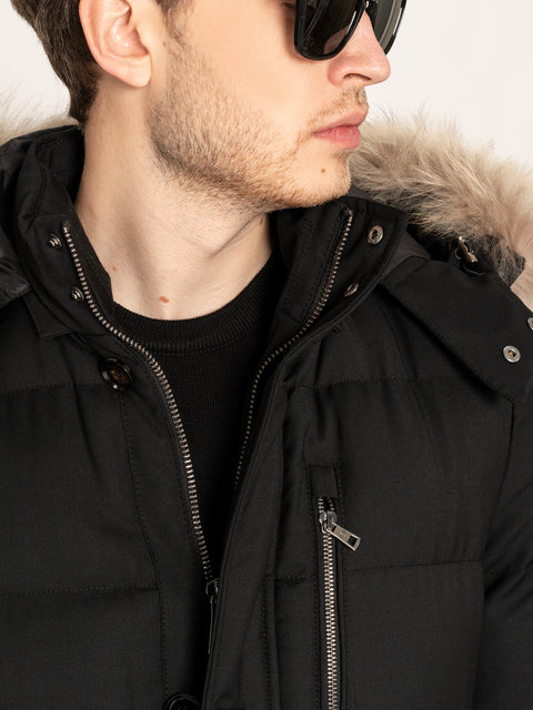 Geaca Barbati Parka Neagra 100% Lana Vitale Barberis Cu Blană Naturală BMan0197 (7)