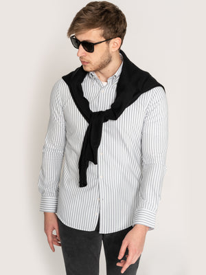 Camasa Office Barbati Alba Dungi Gri Pal Twill 100% Bumbac Natural BMan876